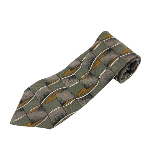 Gianno 100% Silk Mens Tie With Geometric Green & Gold Pattern Made In USA Busine - Picture 4 of 8